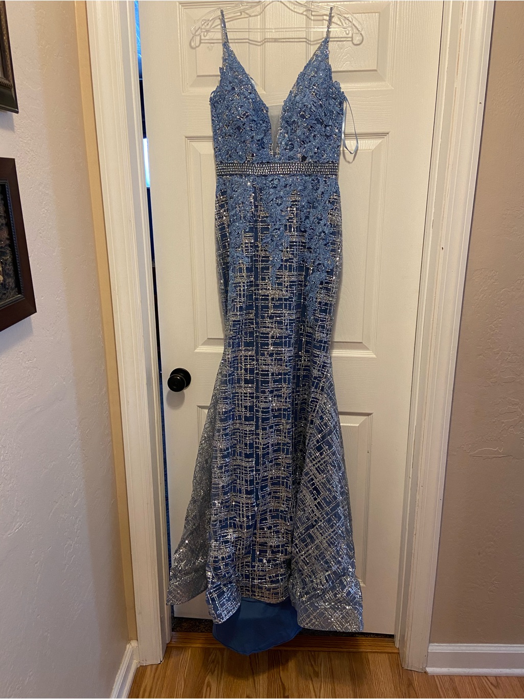 Blue Embellished V-Neck Evening Gown